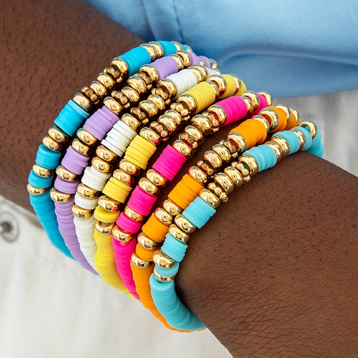 Image of 7pcs Set Of Fashionable Bohemian-style Colorful Soft Clay Ccb Flat Bead Bracelet Set, Suitable For Women's Prom Parties, Gatherings, And As A Gift For