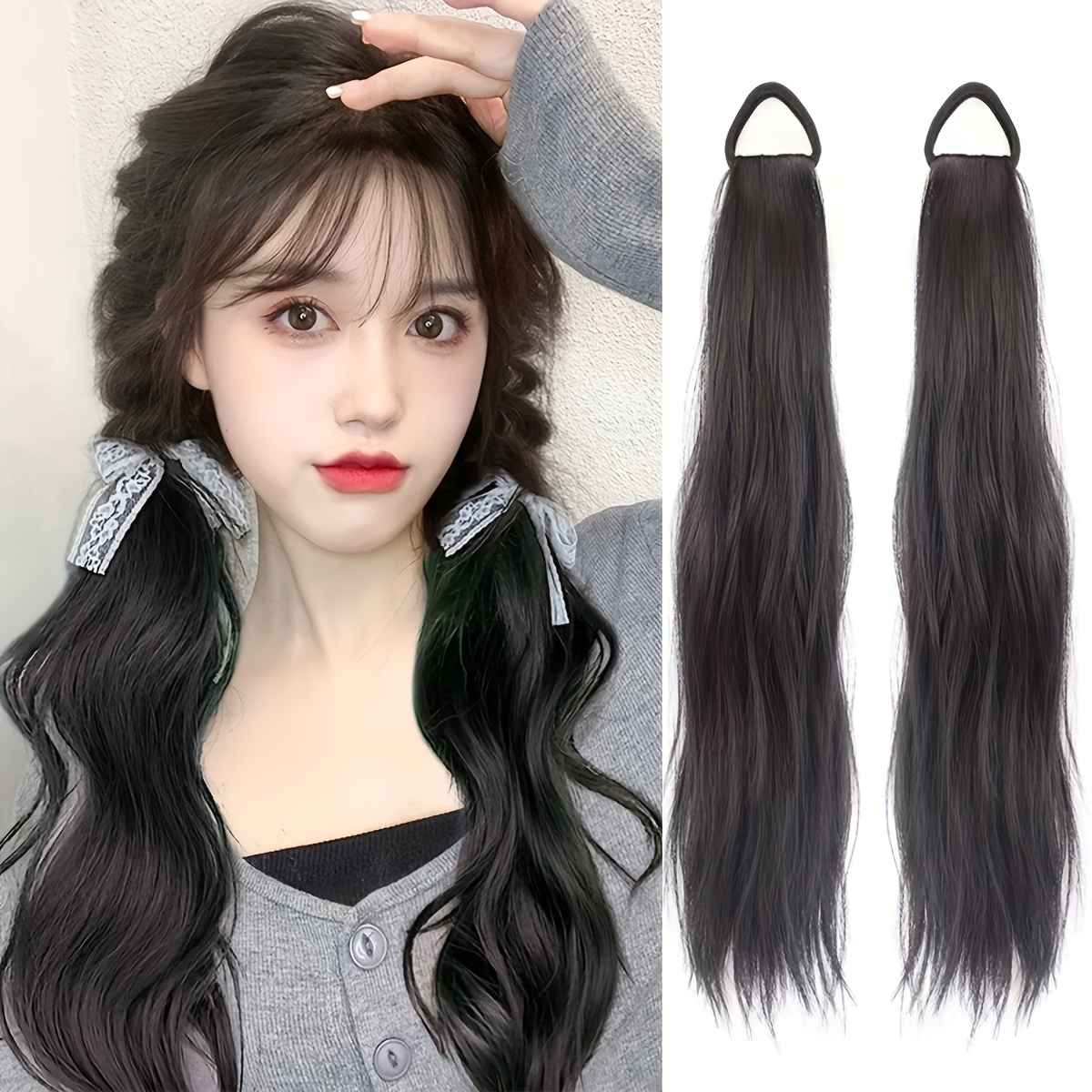 elegant 2 pack womens tie in ponytail extensions versatile synthetic long hair natural looking slightly curly high   loop all ages fit multiple styling options 20 inch hairpiece details 4