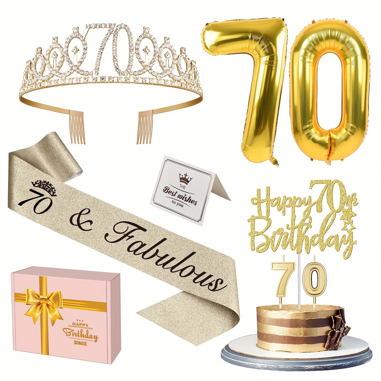 

Set, 70th Birthday Decorations For Women Golden With 70th Birthday Sash And Tiara, 70th Birthday Cake Topper And Birthday , Big Golden 70 Birthday Balloons, 70th Birthday Gifts For Women (golden)