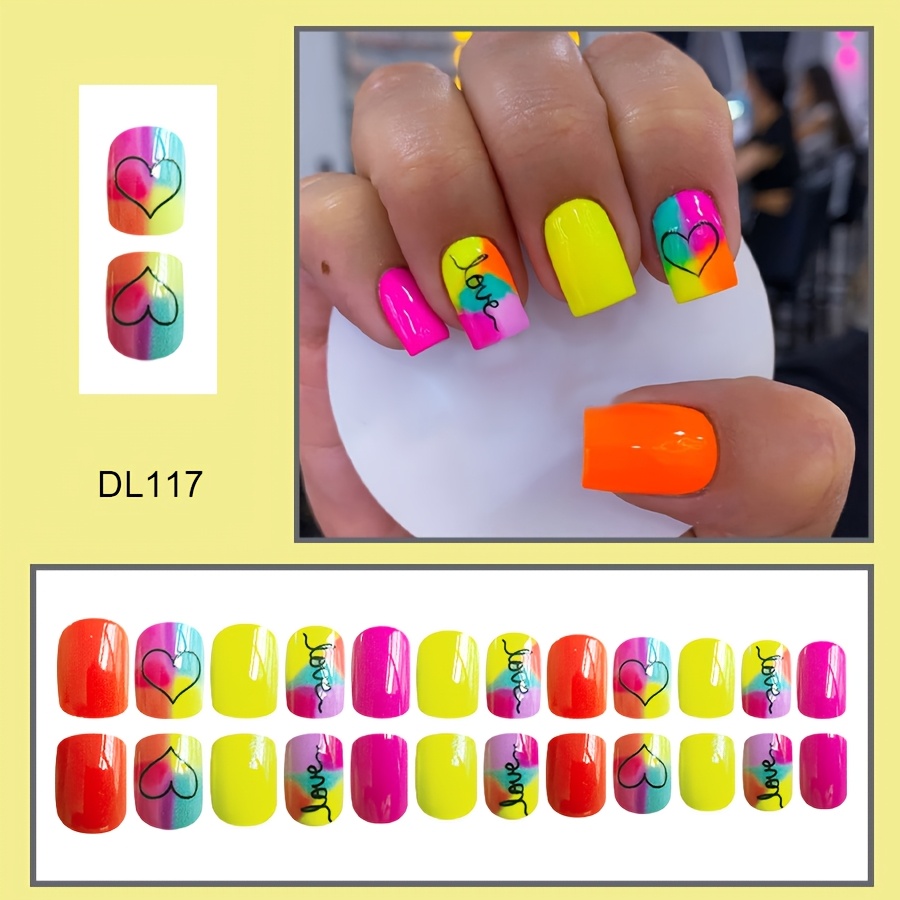 TEMU 24pcs Short Square Nail Art Valentine's Day Colorful Heart Love Letters Press-on Nails Detachable Fake Finger Nails