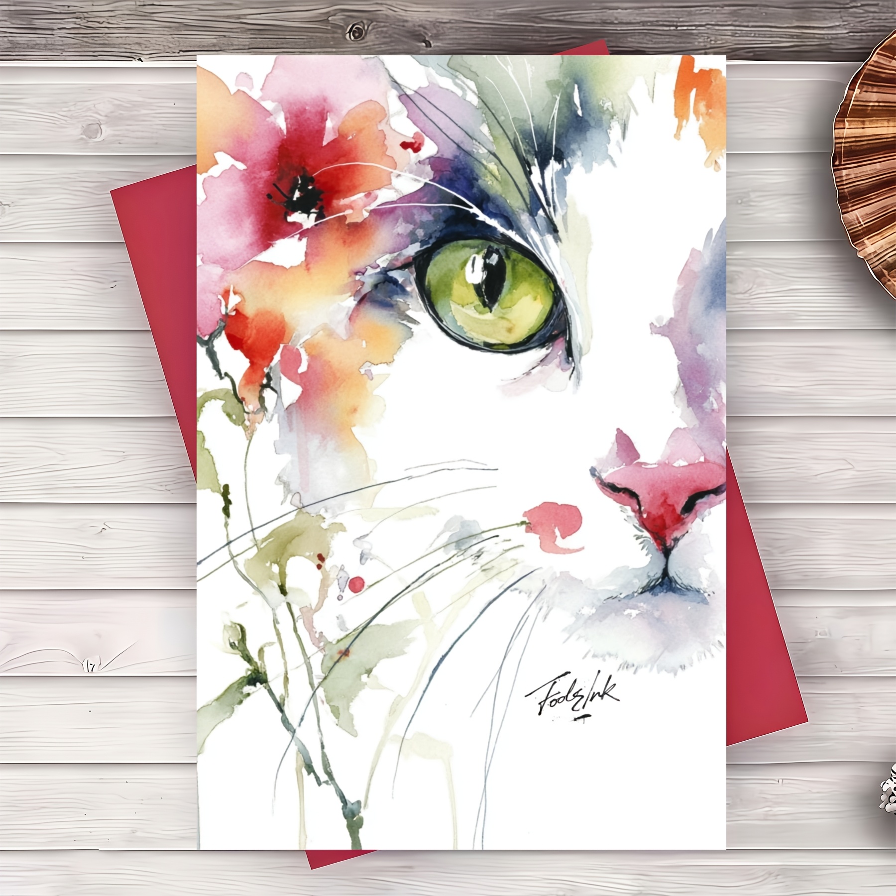 Off White Pink Floral Branch Half Green Eye Cat Light Watercolor Ink Art Healing Blessing Greeting Card, Blank Plain Envelope, Elegant Minimal Feline Neutral Lightweight Paper Greeting Card Design