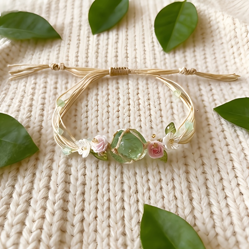 Adjustable Bohemian-Style Woven Bracelet with Green Crystals