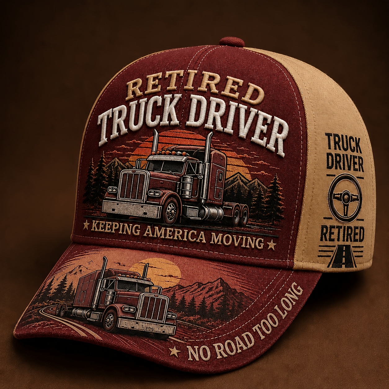 TEMU 2d Flat Print Style, Large Vintage Semi-truck Driver Hat, Flat Brim Hat, With Large Truck Sunset Mountains Print, Unisex Vintage Outdoor Hat, As