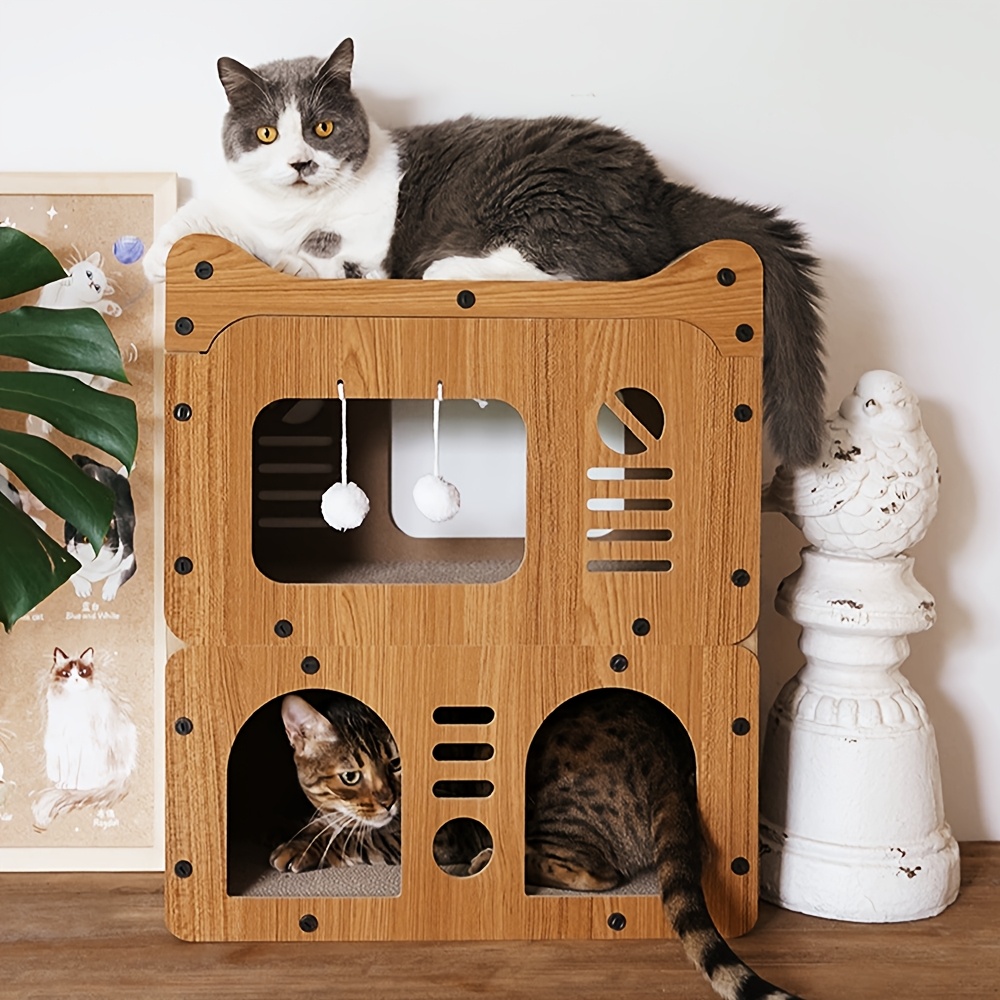 TEMU 1pc Deluxe Dual-layer Cat Villa, Fiberboard Multi-level Cat House With Scratching Post, Sleeping Nests & Play Area, Furniture Cat Scratcher Kit For Multiple Cats, Cardboard Material