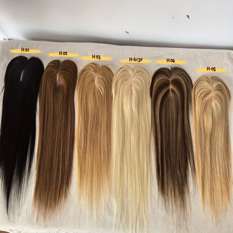 Image of 8cm X 12cm Natural Human Hair Topper With Bangs For Women Highlights Blonde Skin Scalp Clip In Human Hair Topper Hair Pieces Real Human Hair Extensions