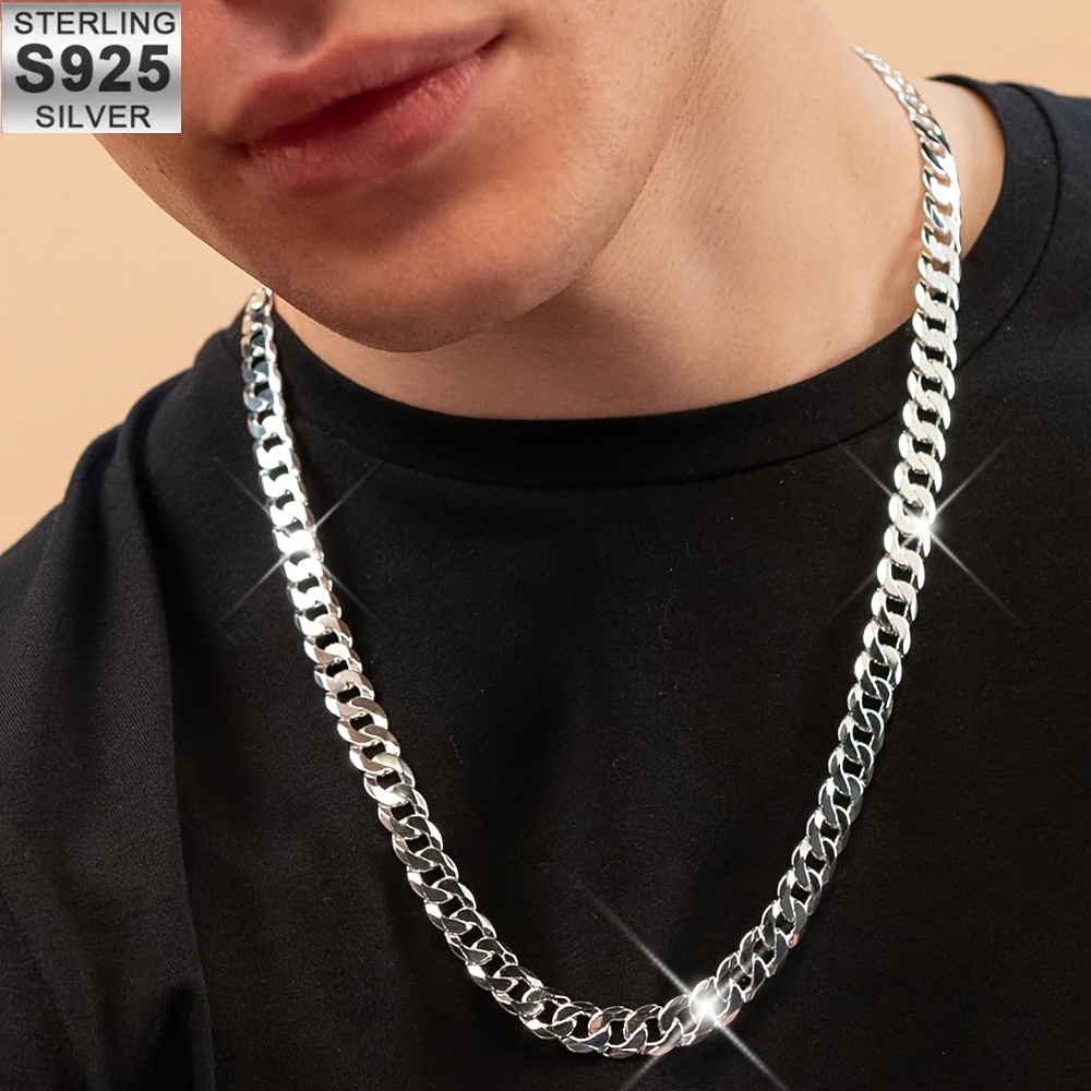 

925 Sterling Silver Flat Cuban Chain Necklace In Elegant Bohemian Style - Suitable For Men And Women, Christmas, All , Gifts And Party Jewelry - No , 925 Silver Plating, Width 7mm