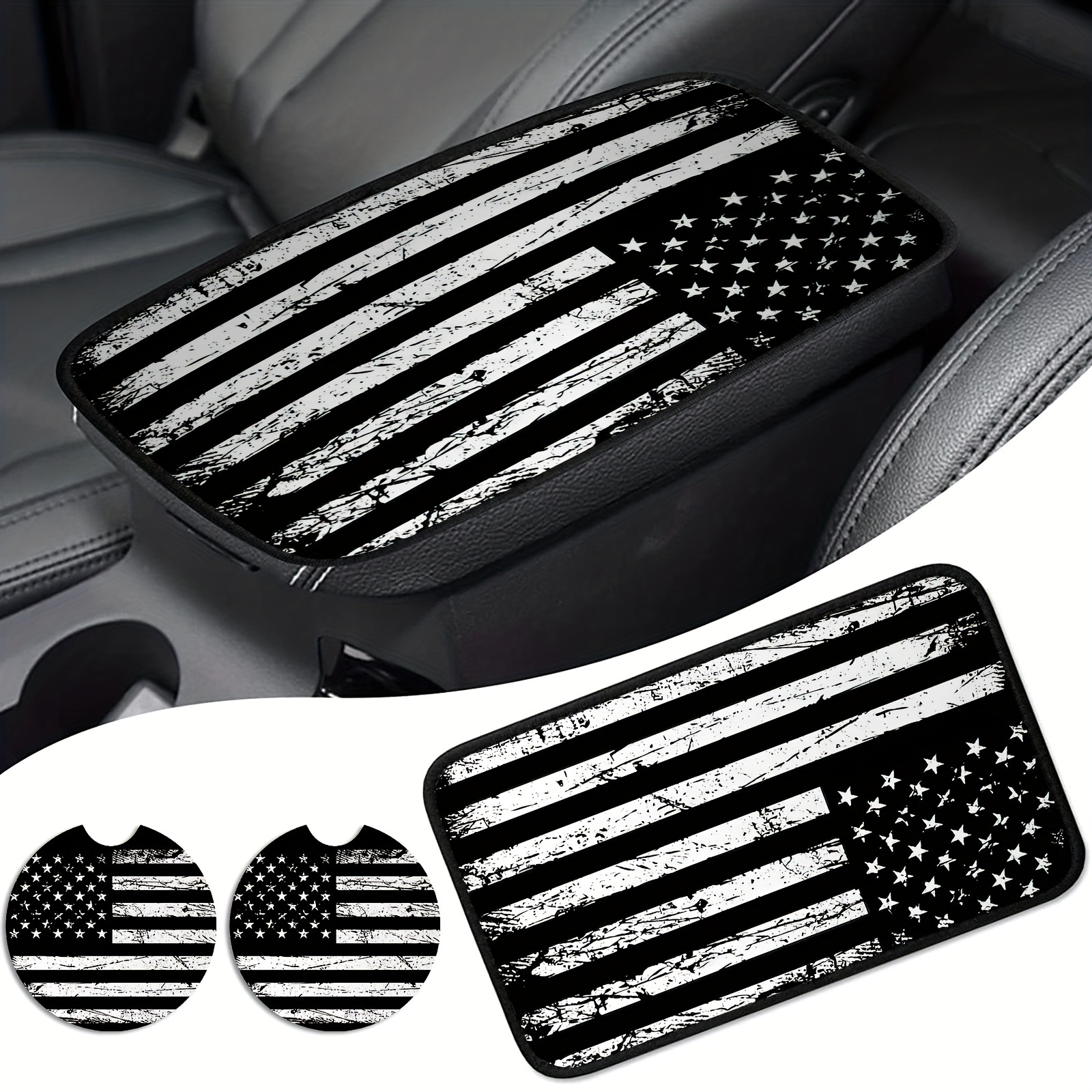 

3pcs/set Universal Automotive Interior Accessories, American Flag Print, Auto Arm Rest Cover With 2pcs Car Coasters