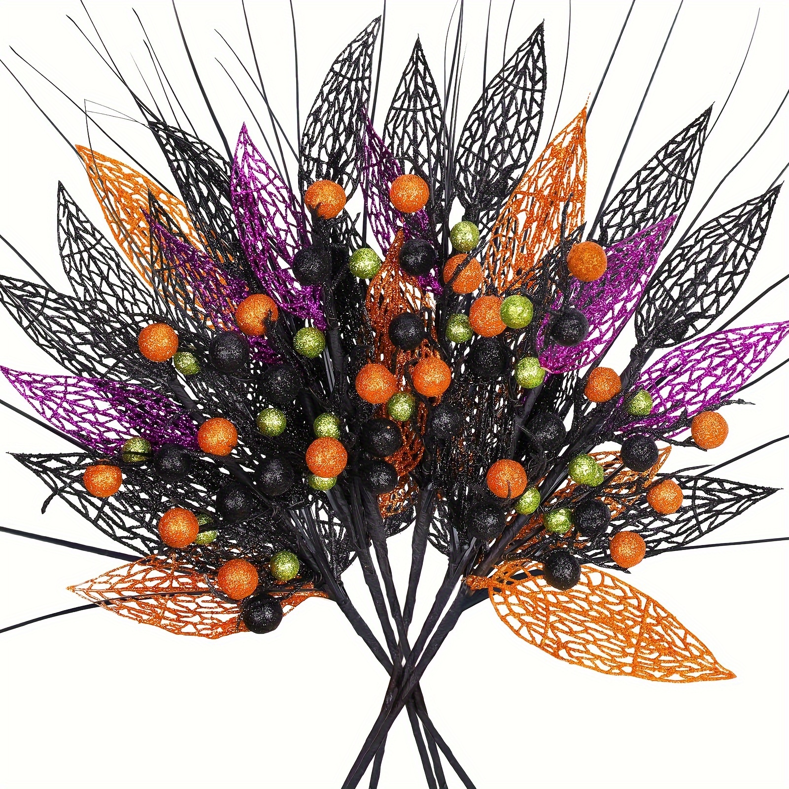 

6-pack Glittery Black Branches With Multicolor Berries & Leaves, 20" Artificial Berry Stems For Gothic Floral Arrangements, Vase Filler Party Decor, Plastic For Christmas And , No Electricity Needed