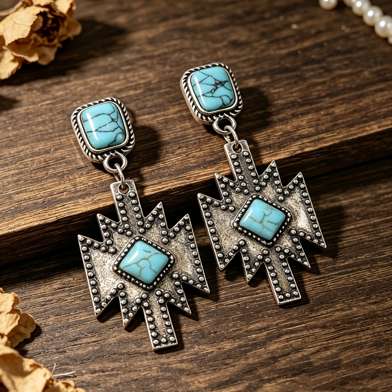 TEMU Une paire de boucles d'oreilles pendantes de style ethnique bohème occidental avec incrustation géométrique de turquoise synthétique et alliage