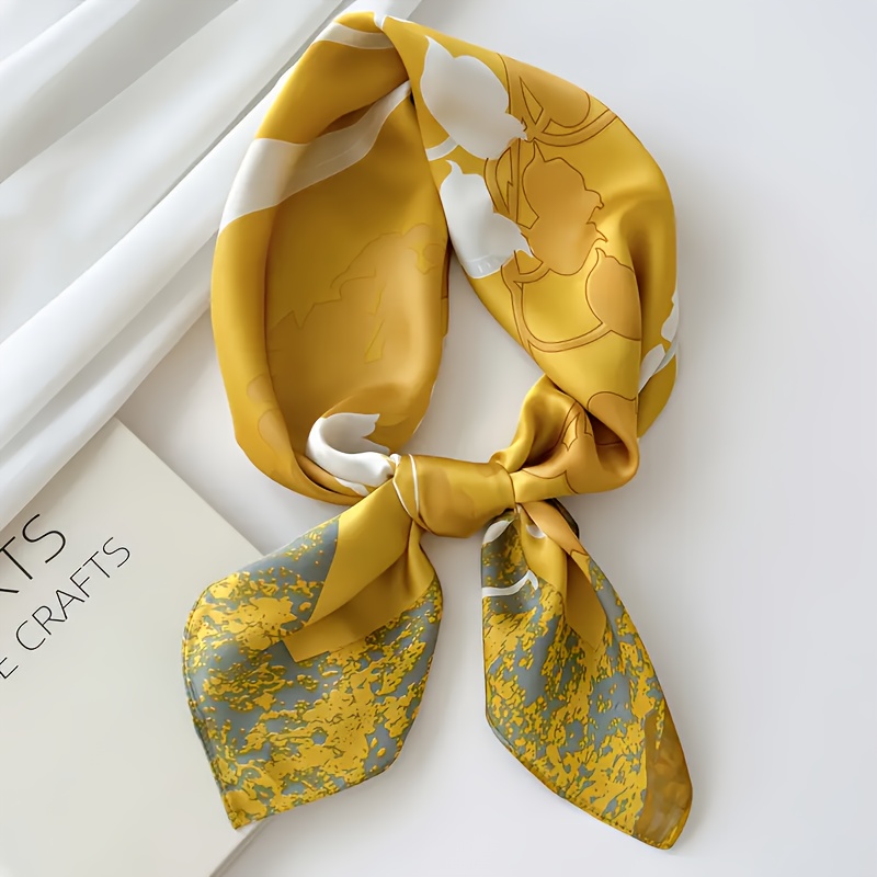 TEMU Ladies' Square Scarf - Elegant Floral Print In Mustard And Gray, Made Of Soft, Stretchy, Lightweight Fabric. Versatile For Use As A Scarf,