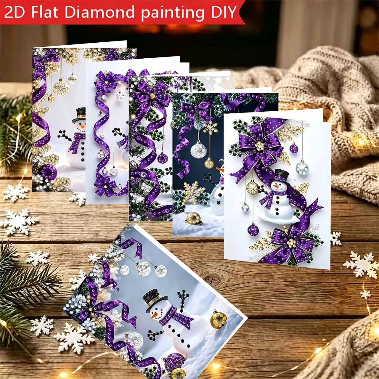 TEMU 6-delige Diamant Schilderen Wenskaart Set, 2D Platte Print, Kerst Sneeuwpop Ontwerp Kaarten