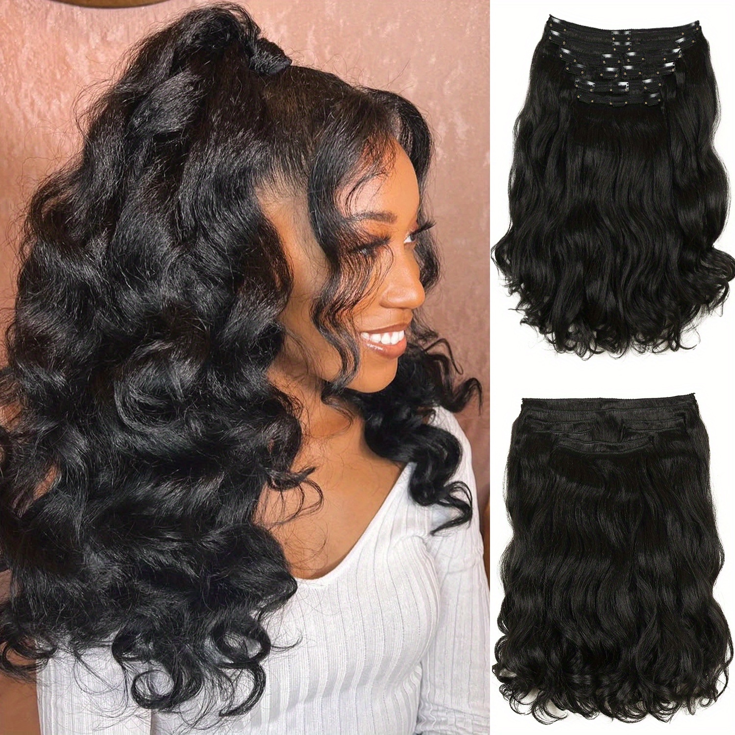 TEMU 8 stuks Deep Wave Clip-in Haarverlenging Synthetisch Haar Kinky Haarstukken Lange Kinky Krullende Haarverlengingen Zwarte Body Wave Pruik voor