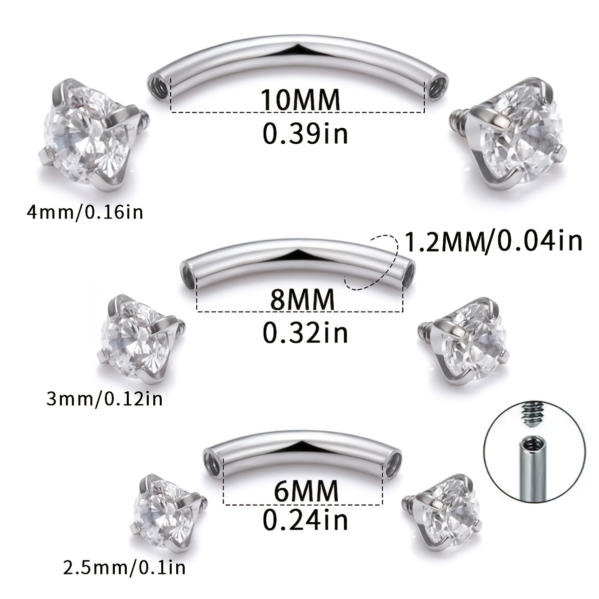 2pcs Hypoallergenic Transparent Cubic Zirconia Piercing Jewelry