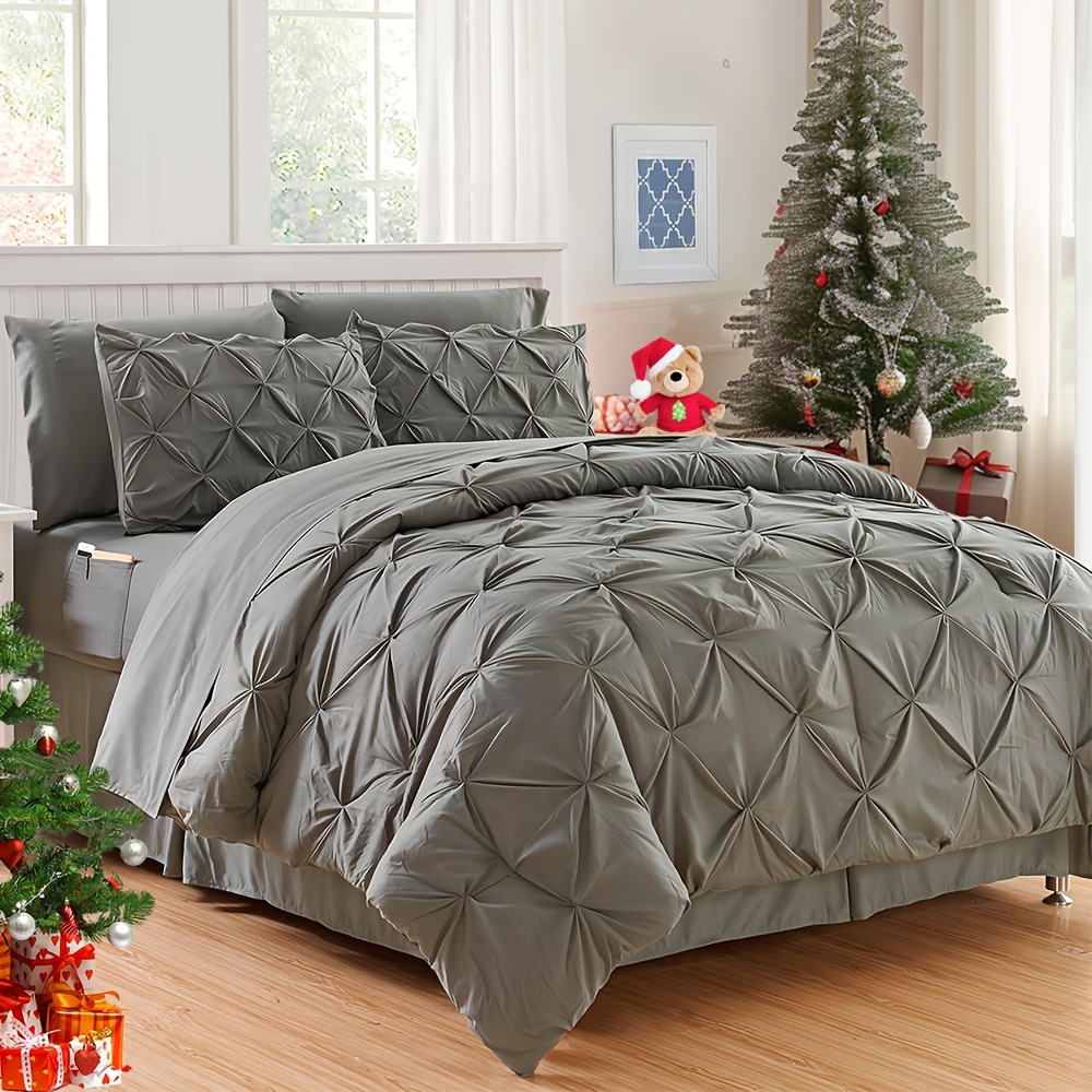 

Queen/king Size Comforter Set 7 Pieces, Pintuck Light Gray Bed In A Bag Comforter Set For Bedroom, Beddding Sets With Comforter, Sheets, Shams & Pillowcases