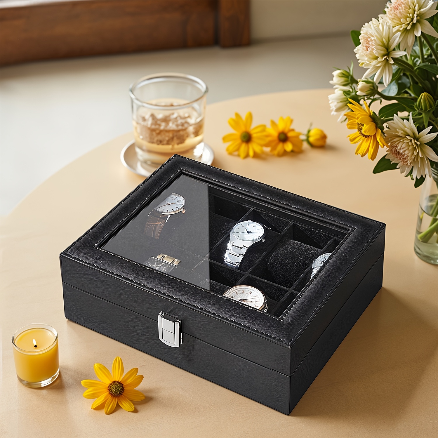 E-shop Uhrenbox mit 10 Fächern, Uhrenetui mit Glasdeckel, Uhrenpräsentationsbox mit abnehmbaren Uhrenkissen, Metallverschluss, Geschenkidee