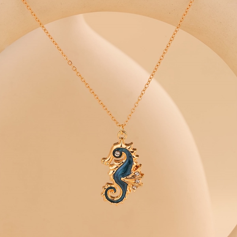 Image of 1pc Of Fashionable Drip-painted Cartoon Seahorse Pendant Necklace, Beach , Suitable For Women' Wear And Vacation
