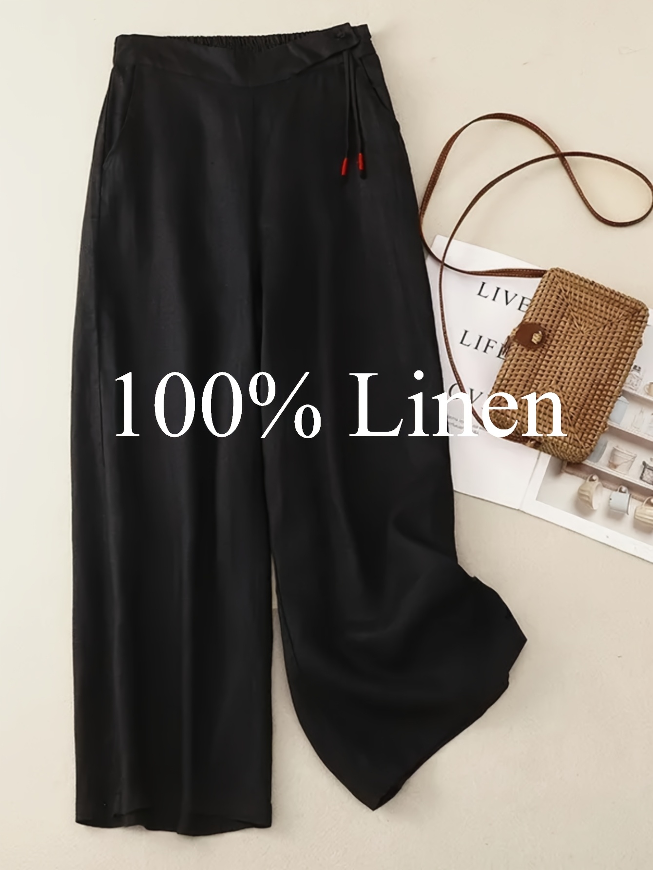 1pc of 100% Pure Linen Women's Wide-leg Pants, Elastic Belt Drawstring Loose Design, Breathable Sagging Design, Suitable for Summer Commuting