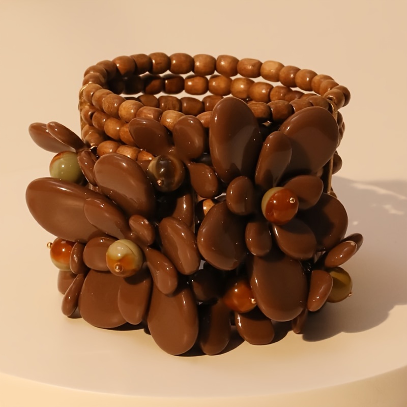 

] Handcrafted Bohemian Beaded Bracelet With Vintage Wooden Beads & Floral Accents - Women’s Jewelry For Casual Wear, Travel, And , Summer Fashion, Casual Jewelry | Floral Charm |