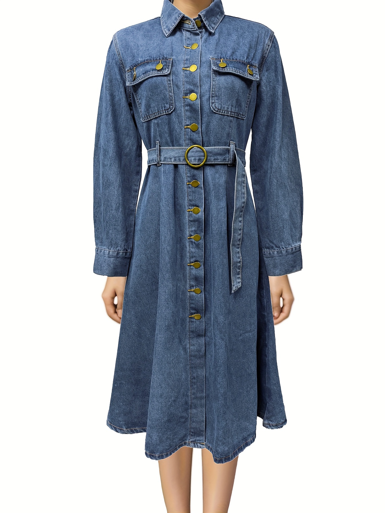Vestido vaquero de manga larga para mujer, traje informal plisado con  cinturón, color azul, 2023