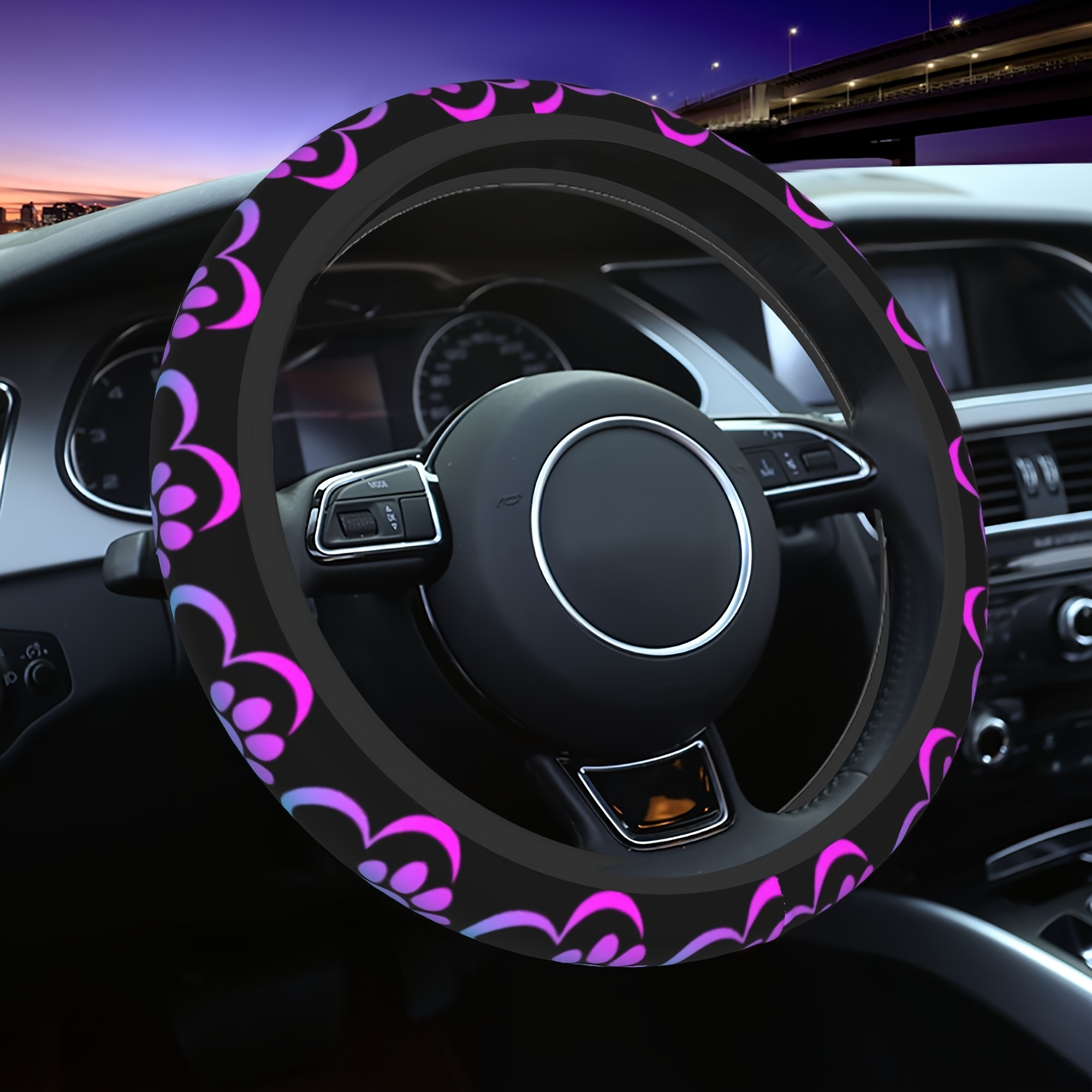 

1pc, Love And Dog Paw Print Printed Car Steering Wheel Cover, Anti-slip Car Steering Wheel Protective Cover, Universal Car Model 15-inch Car Interior Accessories, Suitable For Cars, Suvs, Trucks, Etc