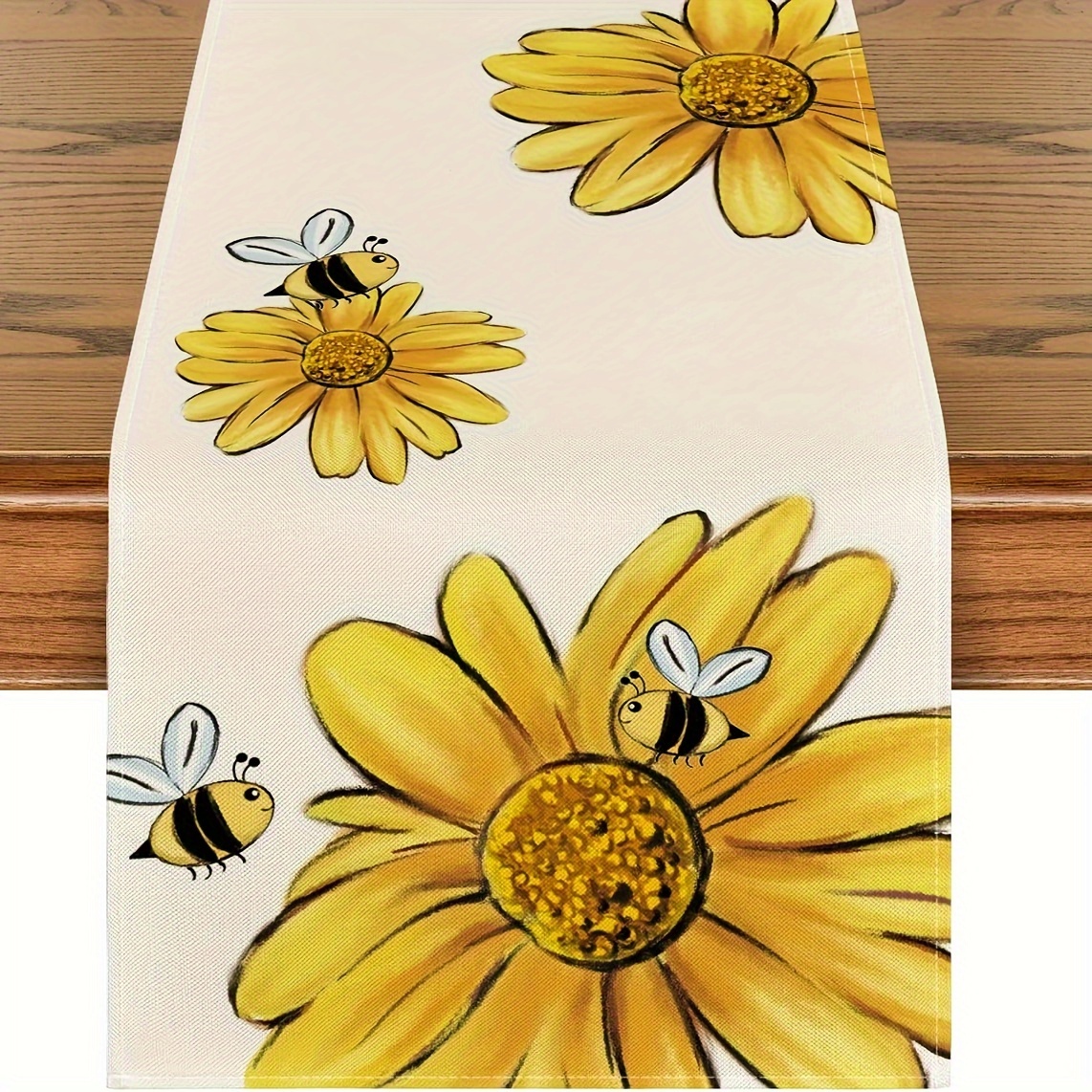 

1pc, Table Runner, Cute Bee Daisy Printed Table Runner, Spring Theme Floral Design, Dustproof & Wipe Clean Table Runner, Perfect For Home Party Decor, Dining Table Decoration, Aesthetic Room Decor