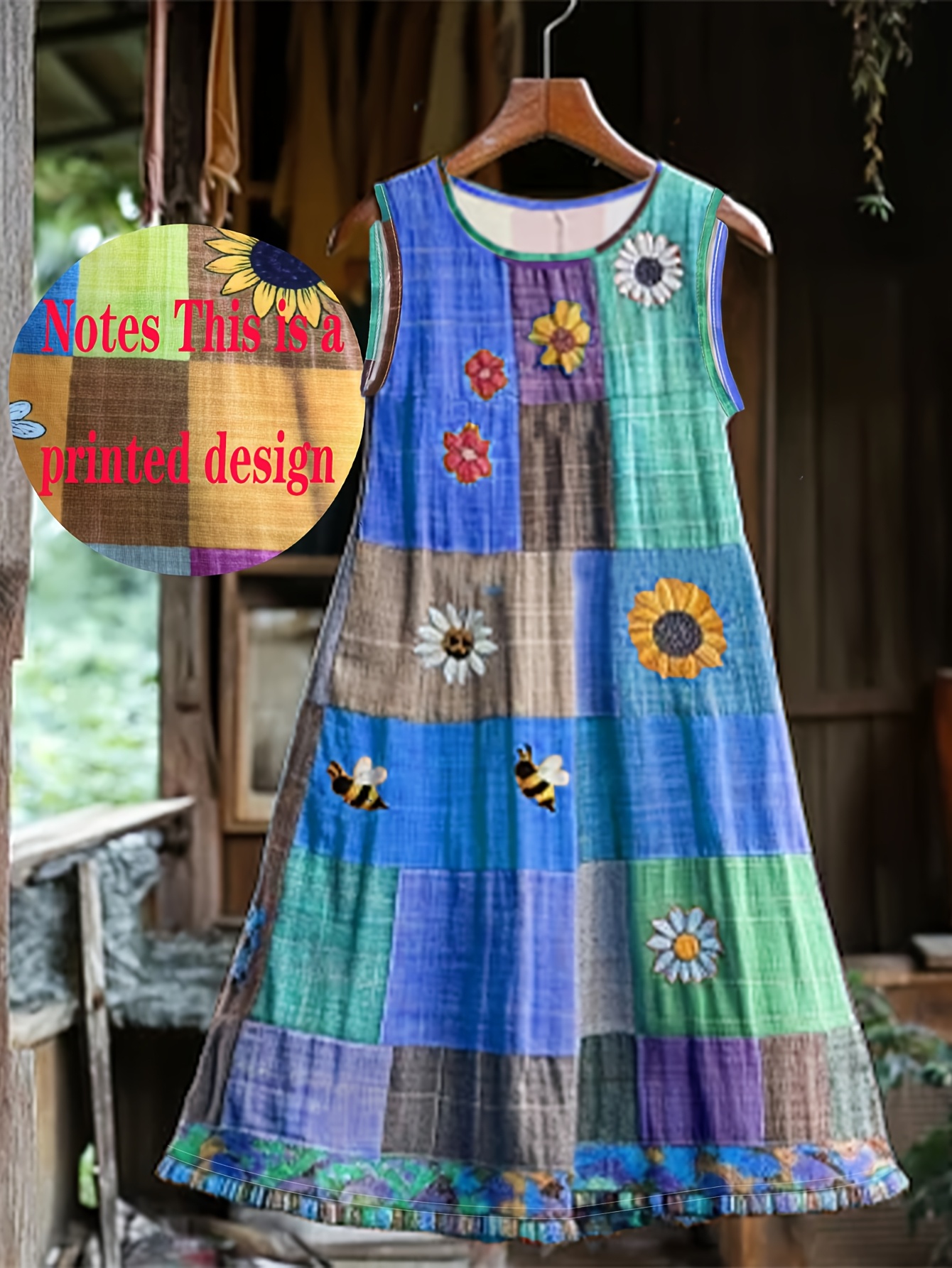 Artikelbild damenkleid in übergröße, ärmelloses vintage- -kleid mit buntem sonnenblumen- bienen-aufdruck für den sommer