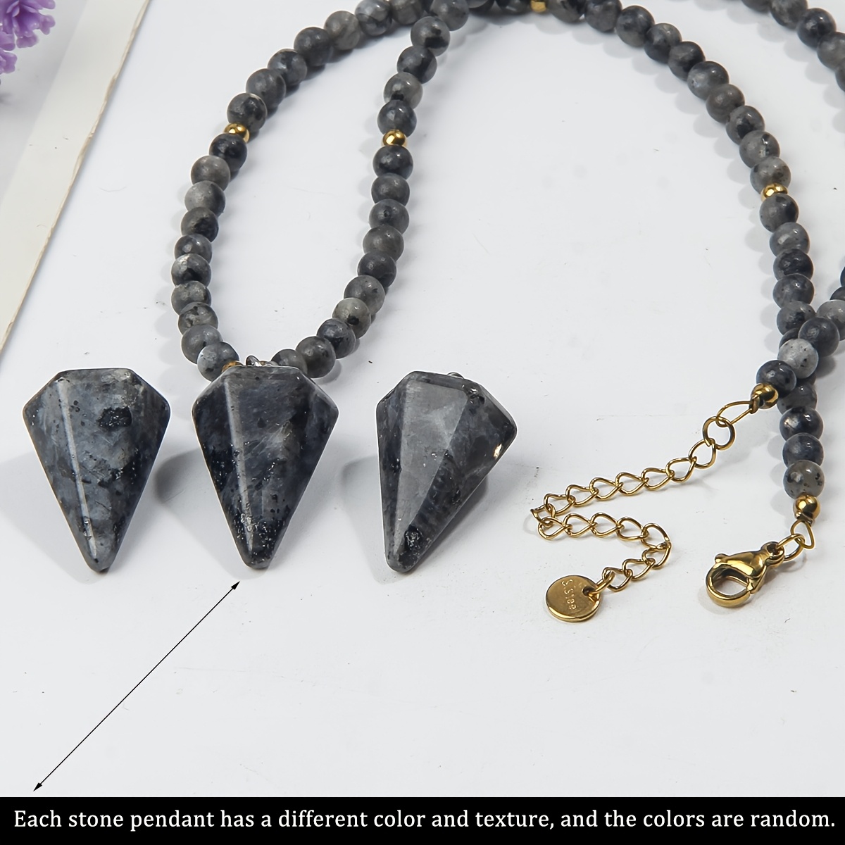 Natural Gray Labradorite Beaded Necklace with Cone Pendant