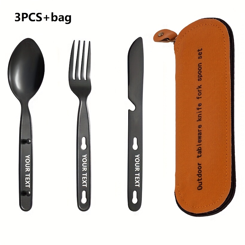 customize your text name 3pcs set bag silvery black golden colored stainless steel tableware knife   set outdoor portable western food knife fork picnic knife knife   that   fastened   can open bottles Product details 0