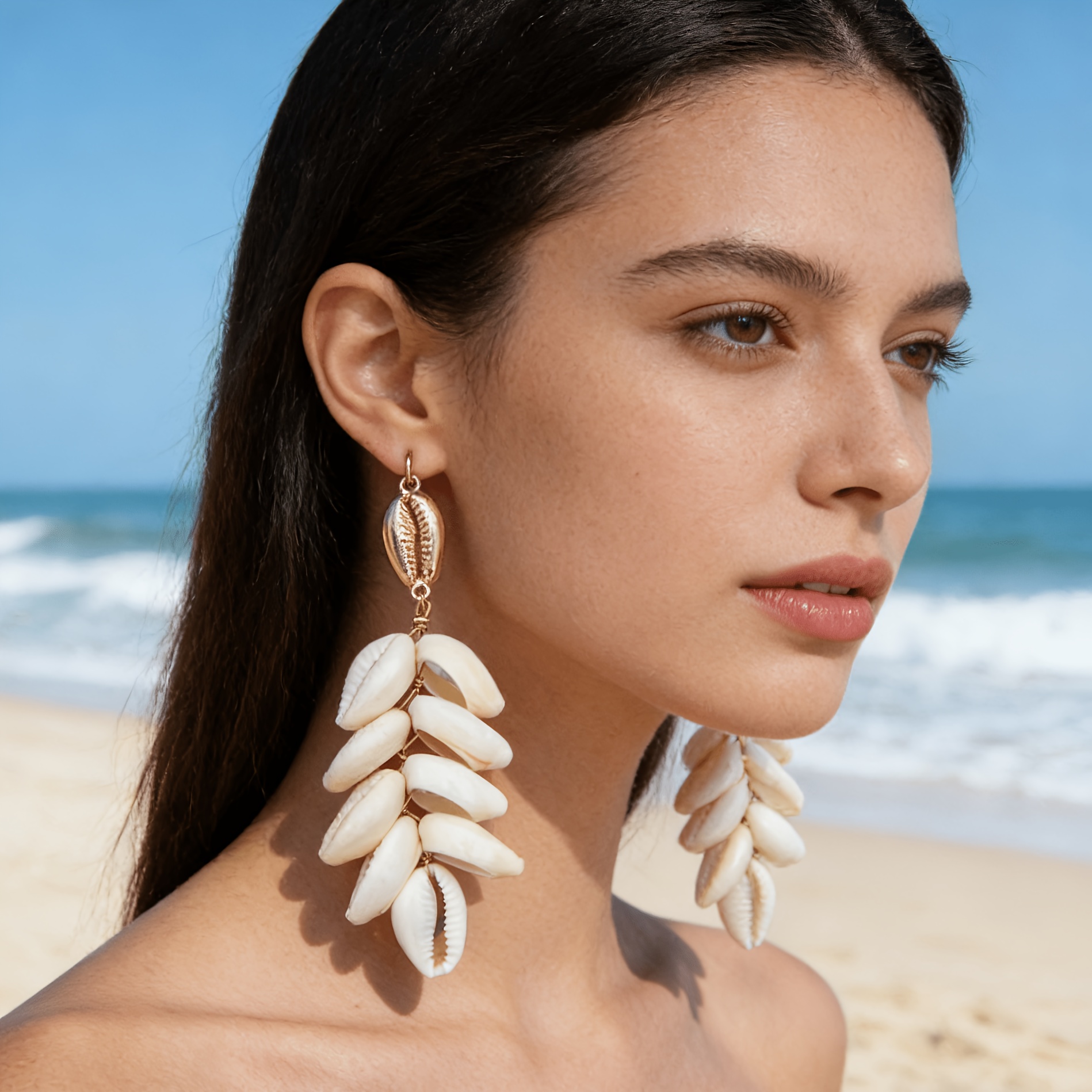TEMU 1 Pair Of Ocean Fan Shell Tassel Drop Earrings With Geometric Woven Design, Suitable For Women' Wear And Parties, An Ideal Gift For , /summer