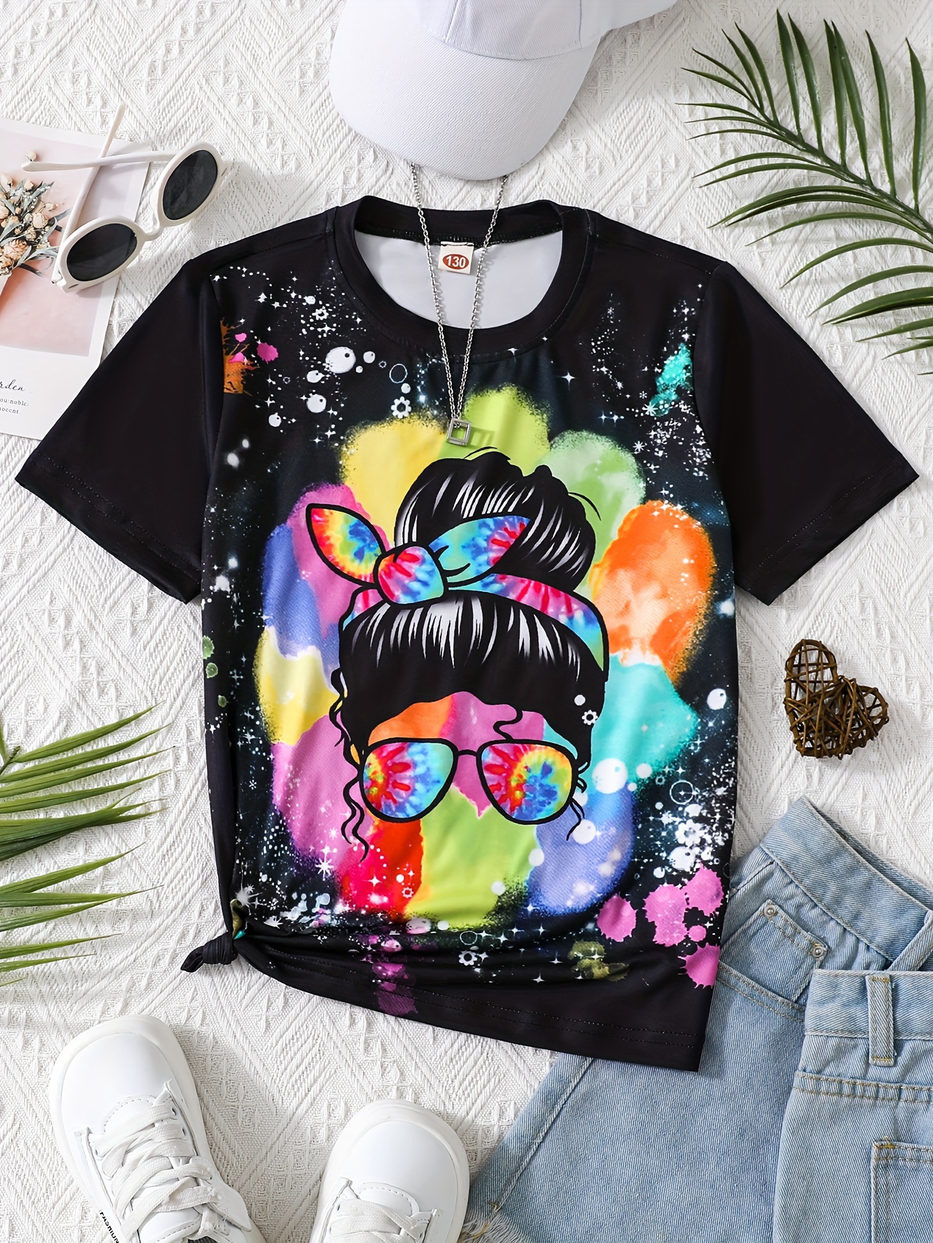 Creative Tie Dye Girl Print Short Sleeve T-Shirt Tops For Girls Spring Summer