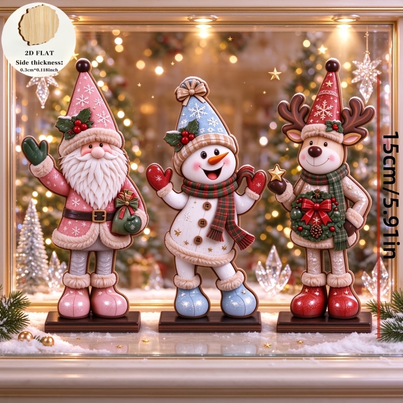 TEMU 2d Flat, 3pcs Retro Country Style Christmas Wooden Ornaments, Christmas Gnome, Snowman, Reindeer, A Atmosphere. This Set Of Holiday Decorations