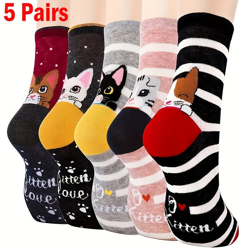 

5pcs Cute Cat Lover Socks For Women - Fun & Funky Novelty Crew Socks, Breathable Cotton , Perfect Gift Idea