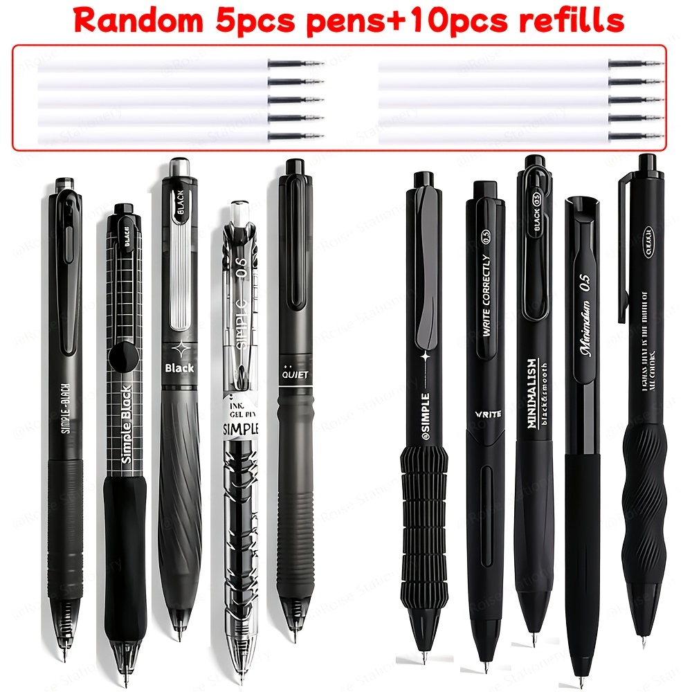 TEMU Random 5pcs Gel Pens And 10pcs Pen Cores, Comfortable Grip, Smooth Writing, Easy To Carry, Suitable For Book Writing, Exams, Sketching, Office ,