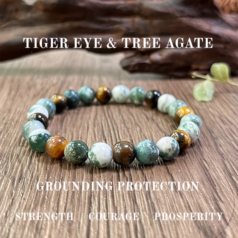 TEMU 1 Bracelet de de mise à - Perles artisanales de 8 mm en œil de tigre naturel et agate d'arbre pour et la de l', accessoire de bijouterie bohème