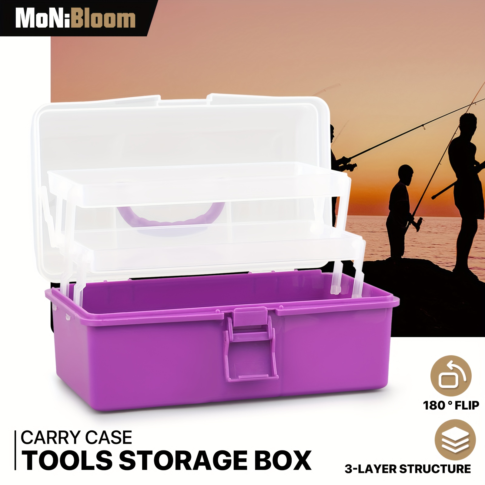 

Monibloom Portable Tackle Box Organizer With Handle, 3-layer Waterproof Plastic Storage Case, 180° Flip Cover For Easy - Ideal For Fishing Gear, Makeup, Hair Accessories - Pink, Fishing Tackle Box