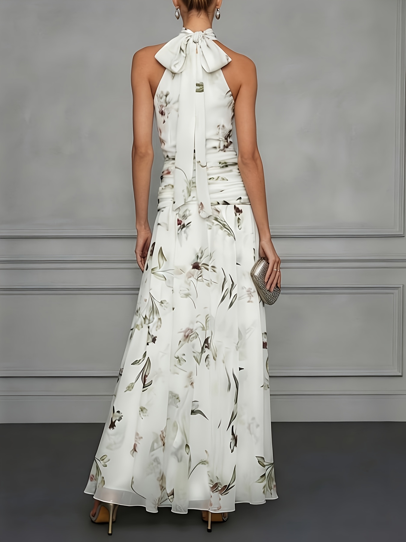 * Halter Neck Dress, Made of Flowing Chiffon with an Ethereal and Romantic Aura. The Halter Neck Design * Reveals the Shoulder and Neckline, Offering a Sheer yet Textured Look. * Wedding Guest Attire, 