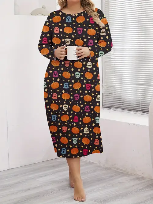 1pc women's plus size halloween dress - polyester midi fit and flare with sun and moon print, casual crew neck, long sleeve with contrast mesh, non-stretch knit fabric for spring/fall | Great 1pc women's plus size halloween dress - polyester midi fit and flare with sun and moon print, casual crew neck, long sleeve with contrast mesh, non-stretch knit fabric for spring/fall | Great