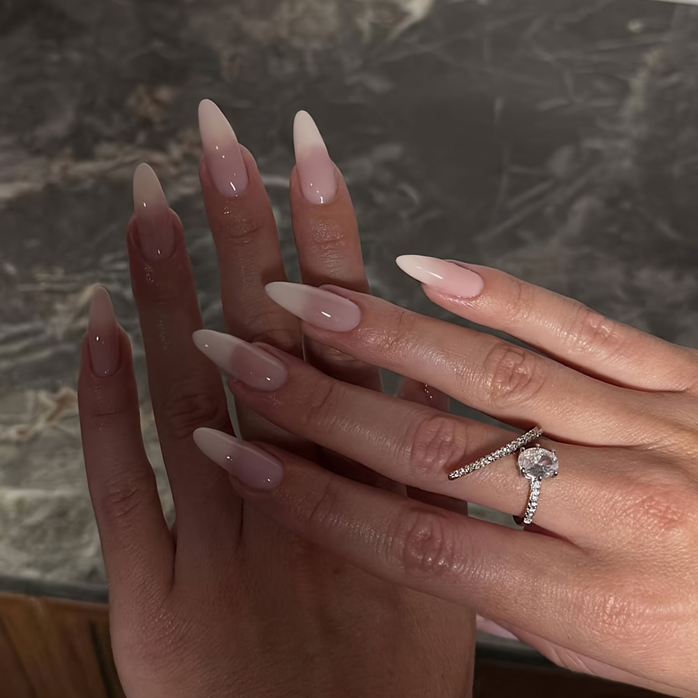 TEMU 30pcs Long Almond Press-on False Nails, Sheer Pink Base With Milky Gradient Effect, No Extra Decorations, Gentle Nude Look And Premium