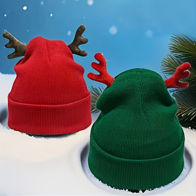 TEMU Men' & Women' Slouchy Hat With Antler Decorations - Elastic Brimless Beanie Suitable For Outdoor , Breathable Suitable For Christmas Gifts,
