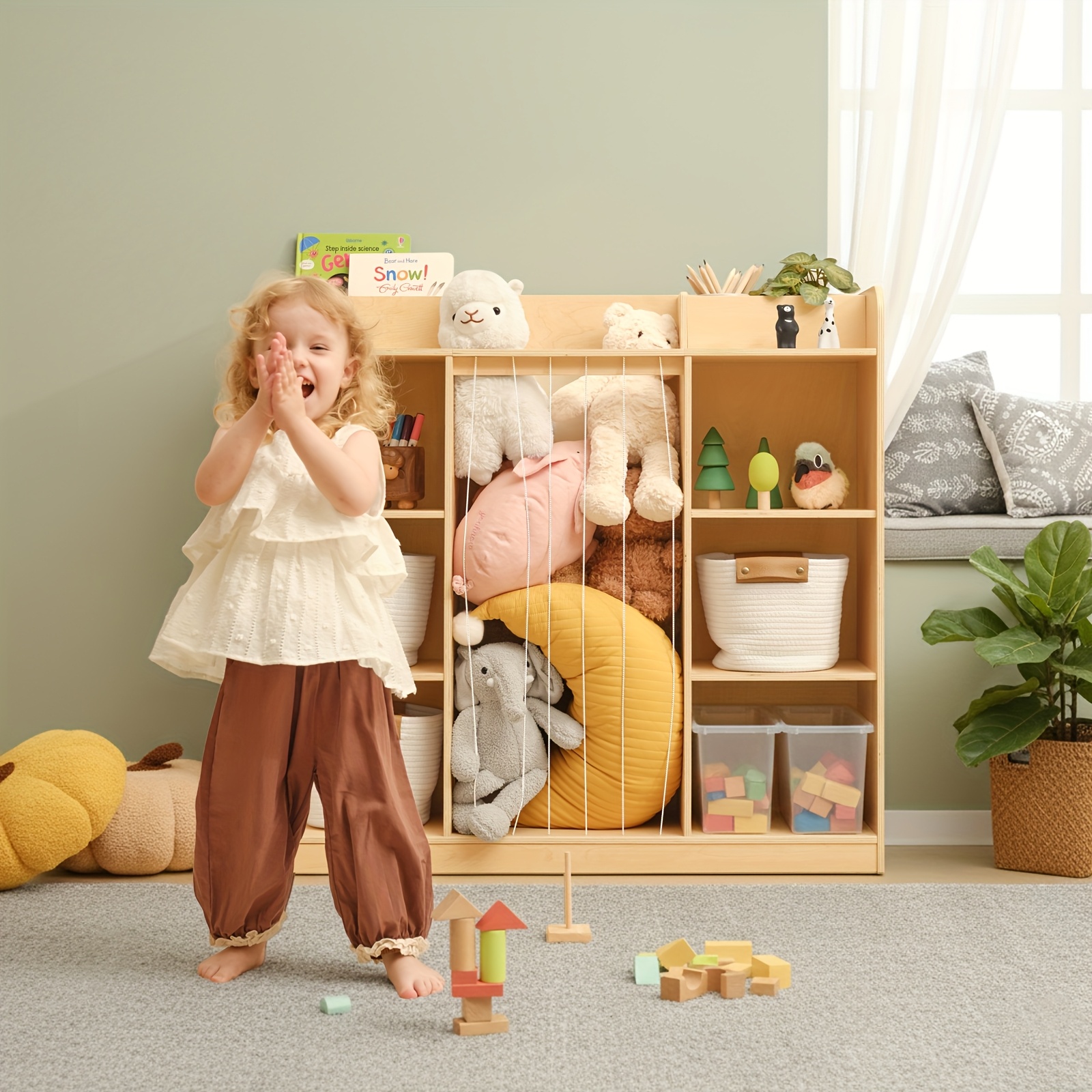 Luxury 2-in-1 Multifunctional Solid Wood Dollhouse Storage Cabinet & Bookshelf Organizer - Wood Bookcase with Spacious Shelves for, Dolls, Books - Easy Assembly Nursery, Playroom Furniture ' Room Organization