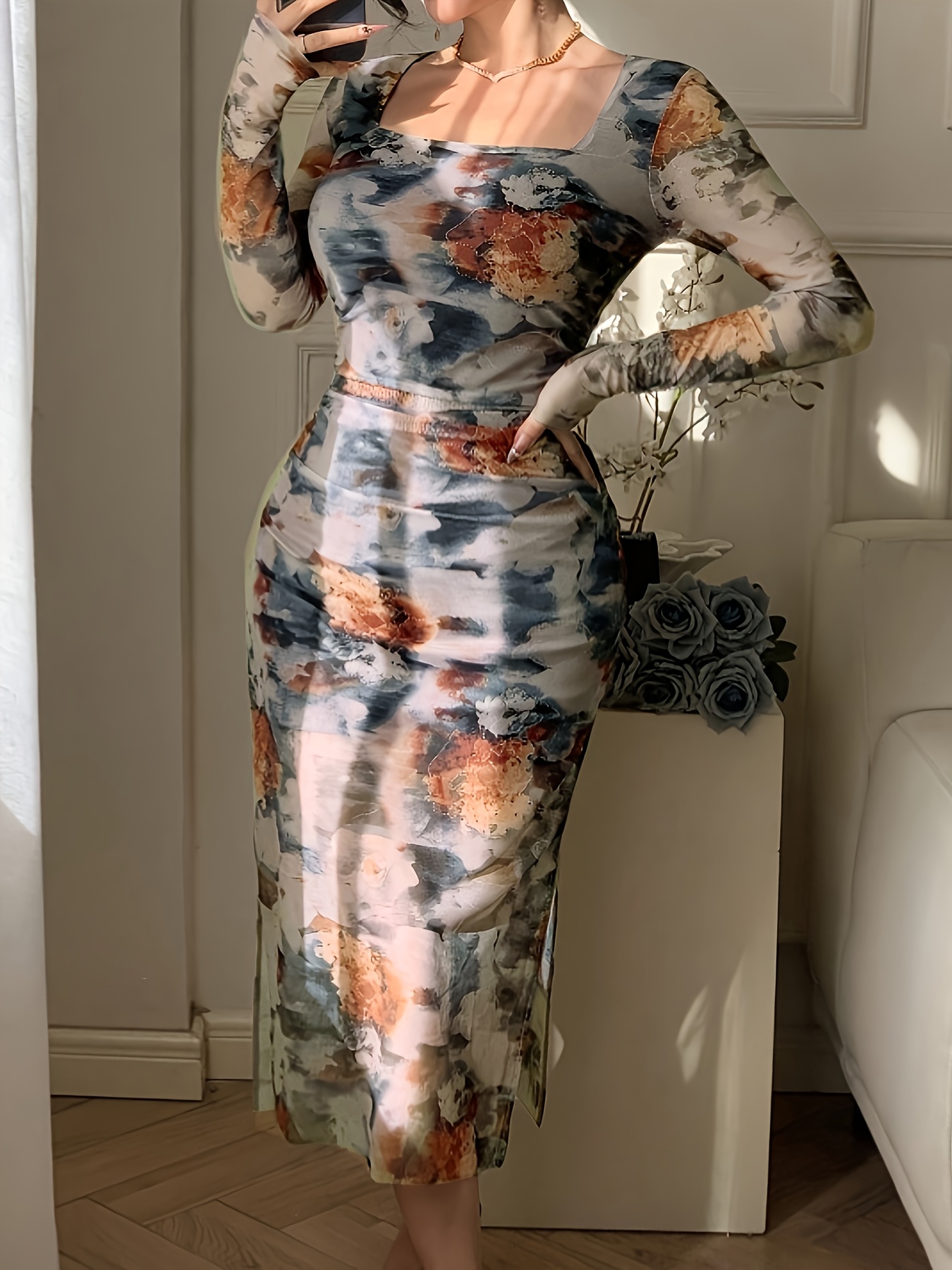 womens floral print tie dye square neck bodycon dress long