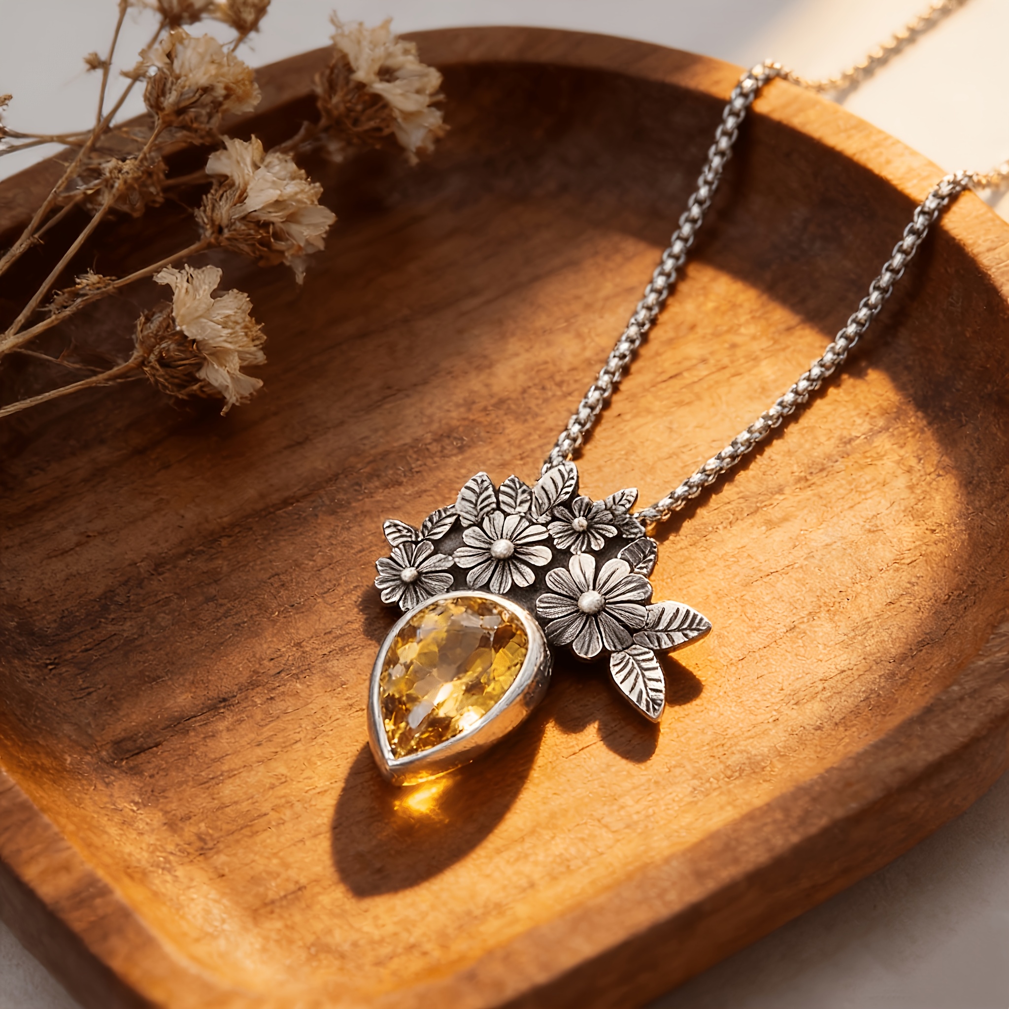 Women's Bohemian August Birthstone Necklace, Yellow Teardrop Pendant