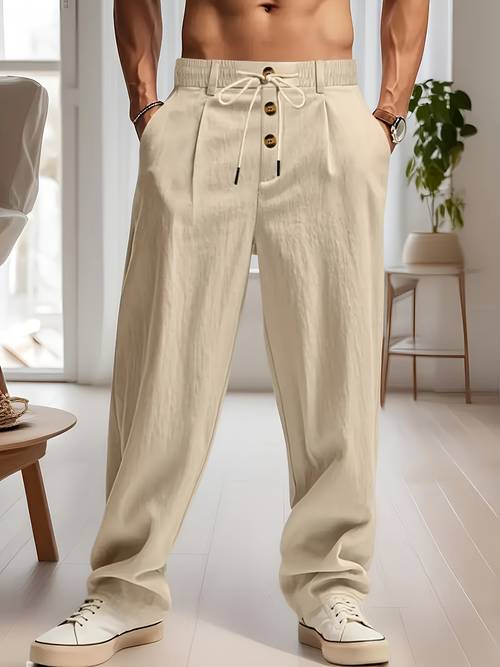 mens solid linen waist cinching pants casual loose fit with pockets ideal for beach and yoga