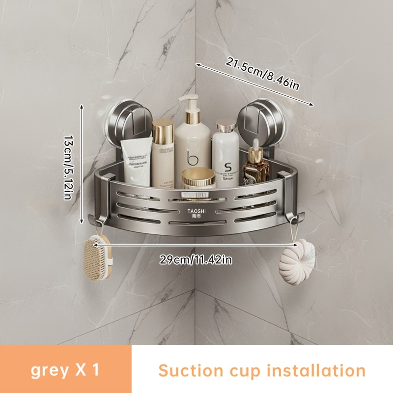 TEMU 1pc Suction Cup Gray Triangular Shelf, Bathroom Kitchen Toilet Corner Shelf, Bathroom Supplies Storage, Home Decoration Art, Nail-free Sticker