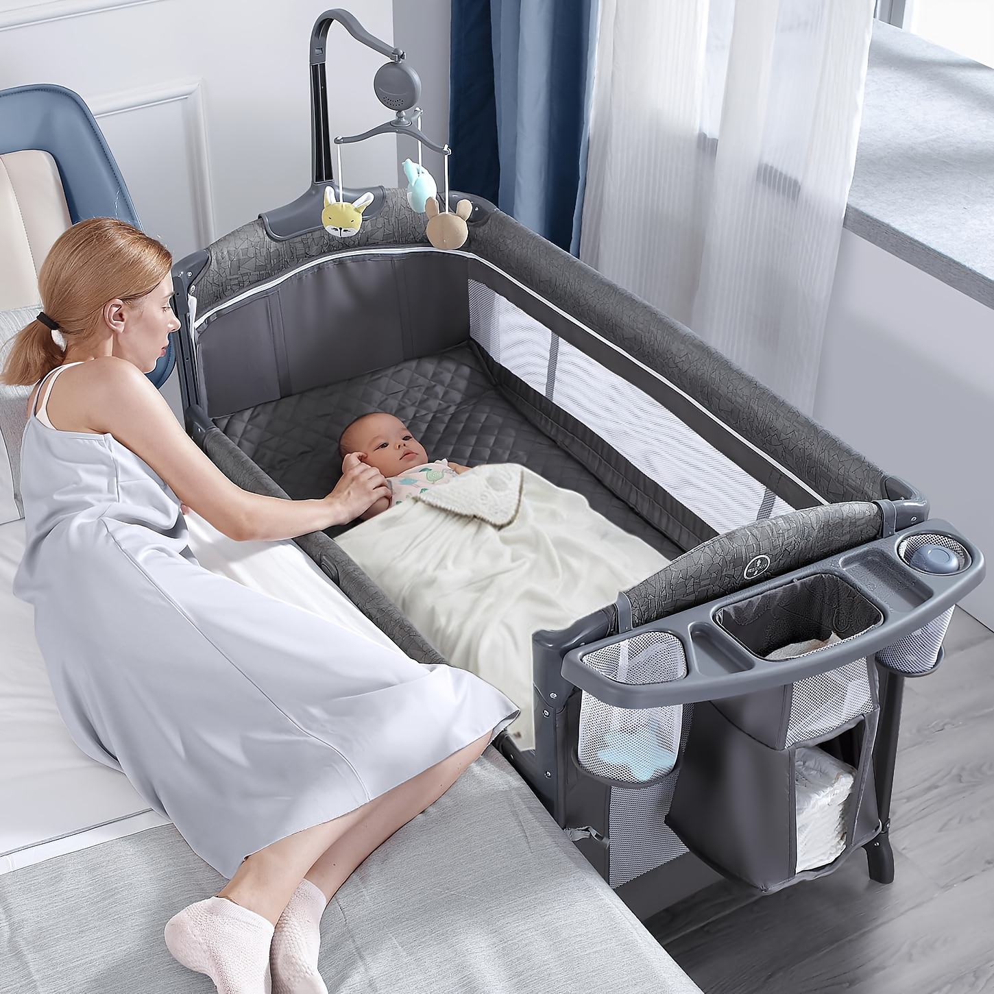 

4 In 1 Wide Baby Bassinet Bedside With Diaper Changer, With Sheet, Diaper Changing Table And From Newborn To , Portable Large With Storage, Co Sleeper With 3 Adjustable Height