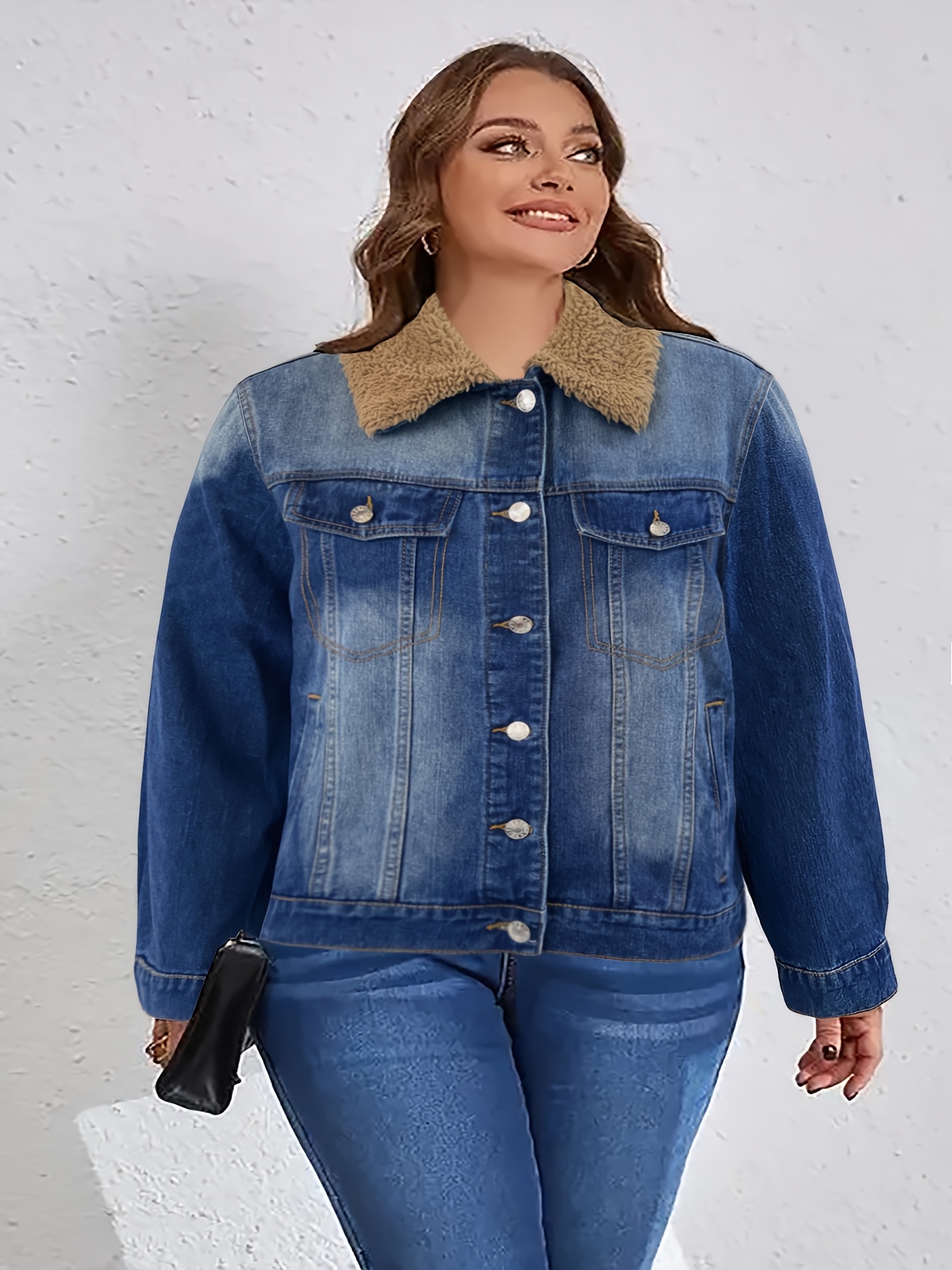 plus size denim jacket fur collar street style lapel Temu