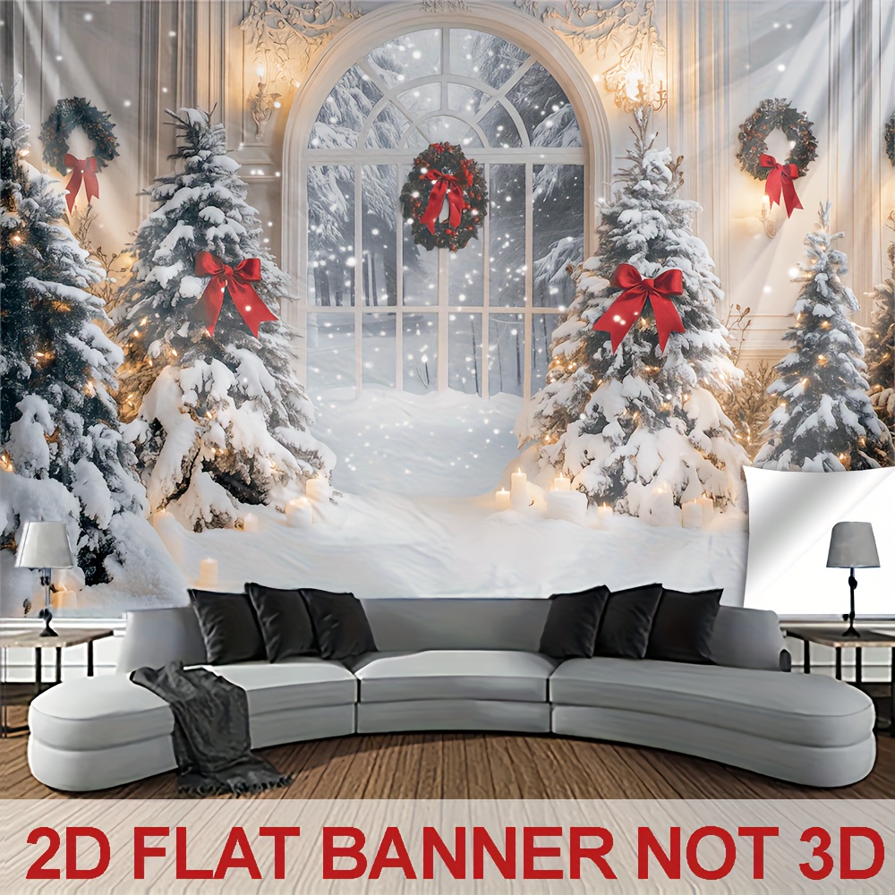 TEMU 2d Flat, 1pc White Christmas Scene Wall Tapestry, Backdrop, Elegant Wall Hanging Decor For Living Room
