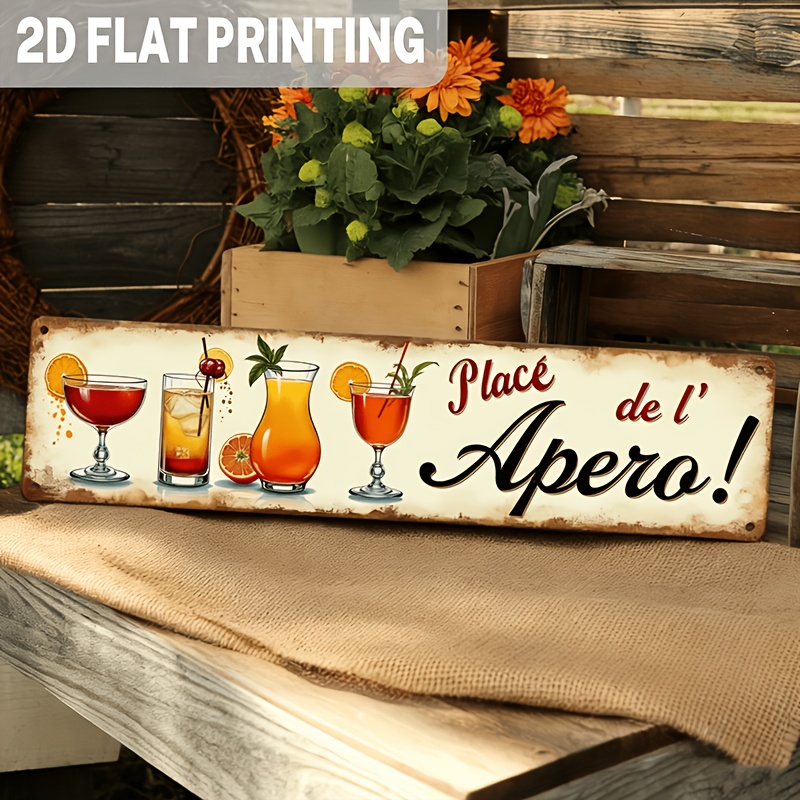 E-shop 2D Flach, 1 Stück Französisches Vintage "Place De L'Apéro!" Metall Wandschild - Rustikale -Themen-Dekoration mit Hahnenfuß- &