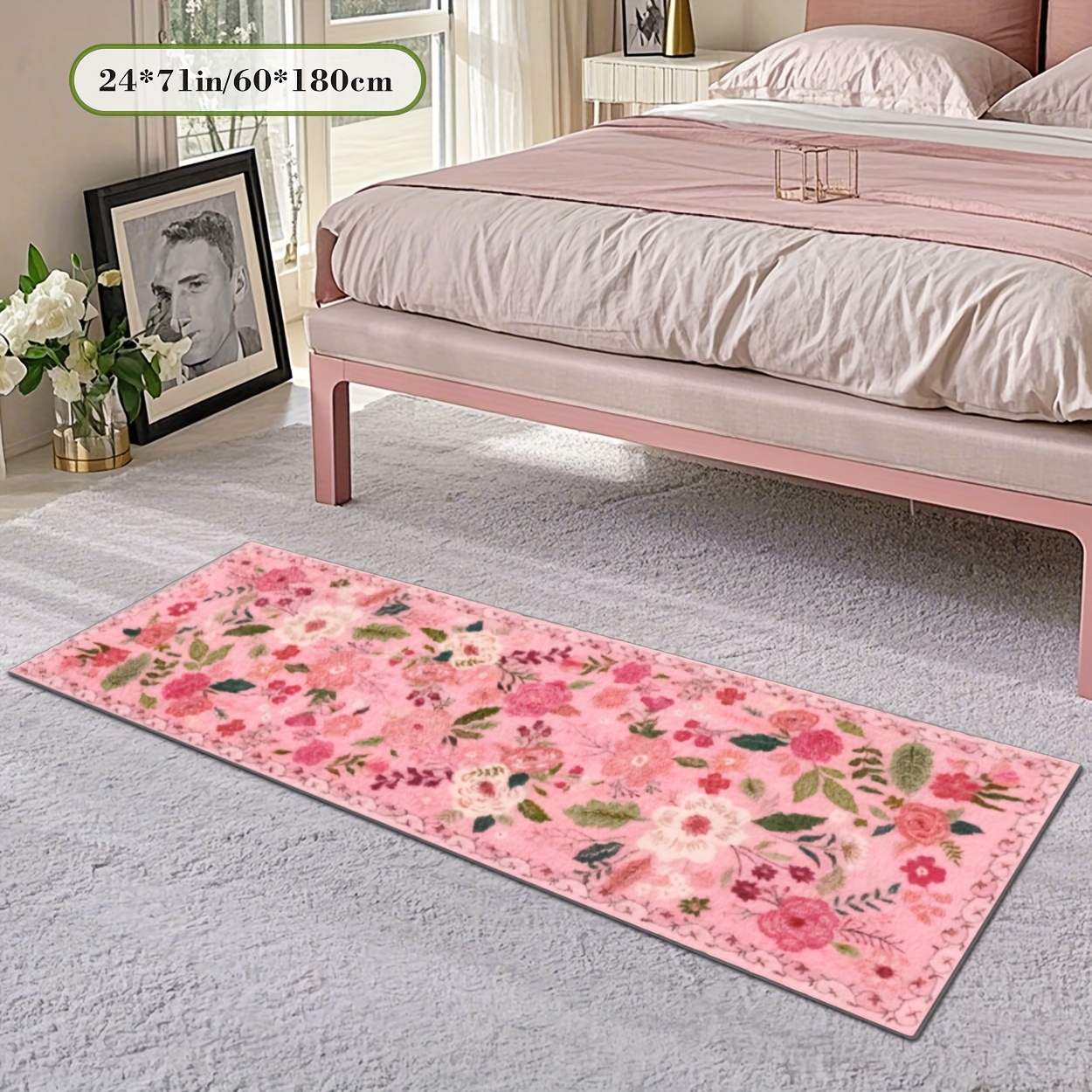TEMU A Long Rectangular Carpet Made Of Soft Plush With A Dotted Plastic Bottom, Featuring A Pink Floral Print. This 2d Printed Rug Is A Decor Item