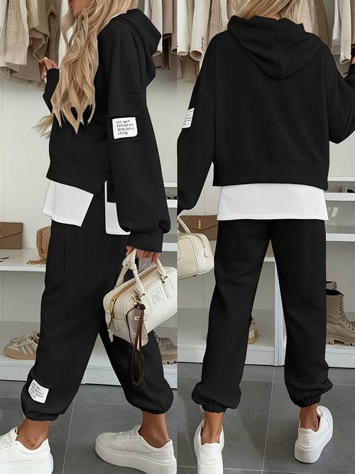womens hooded casual swear set fashionable style unique tag design on sleeves and pants 2 in 1 look hooded top pants set lined for autumn winter machine washable